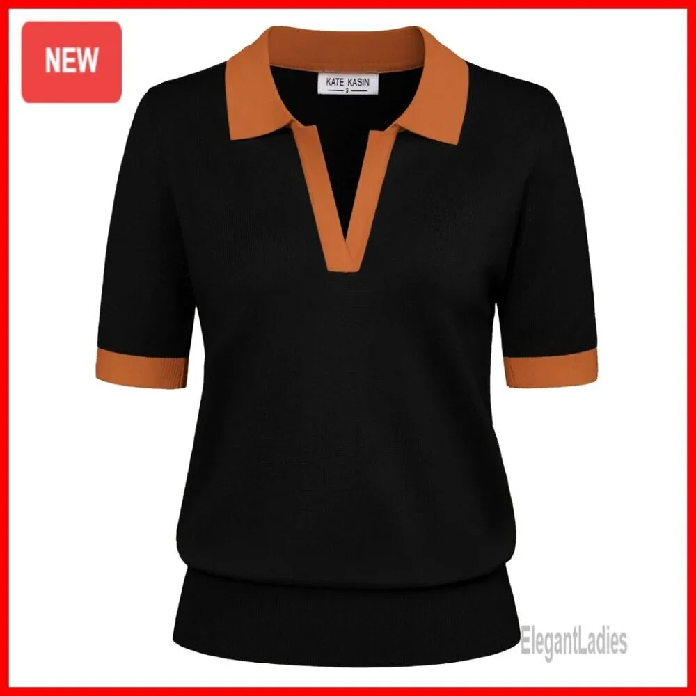 Short Sleeve V-Neck Polo Sweater, Ribbed Knit Pullover, Casual Loose Fit